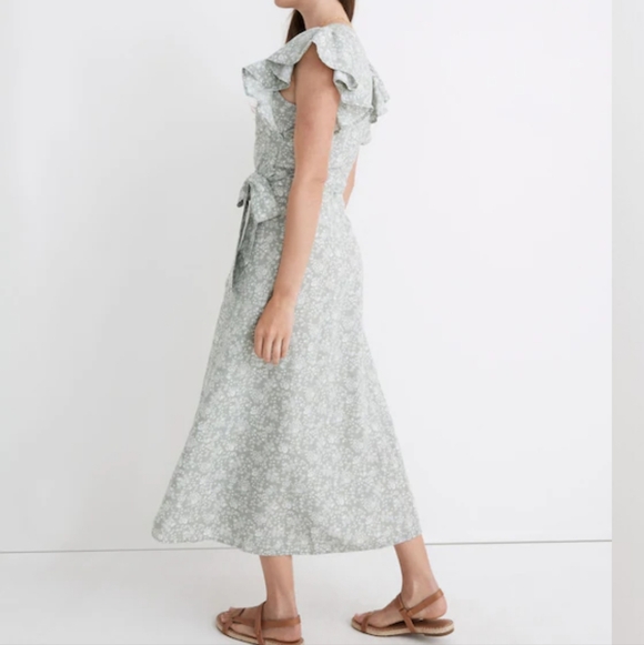 Madewell Linen Green Floral Wrap Dress Size Small - Picture 2 of 7